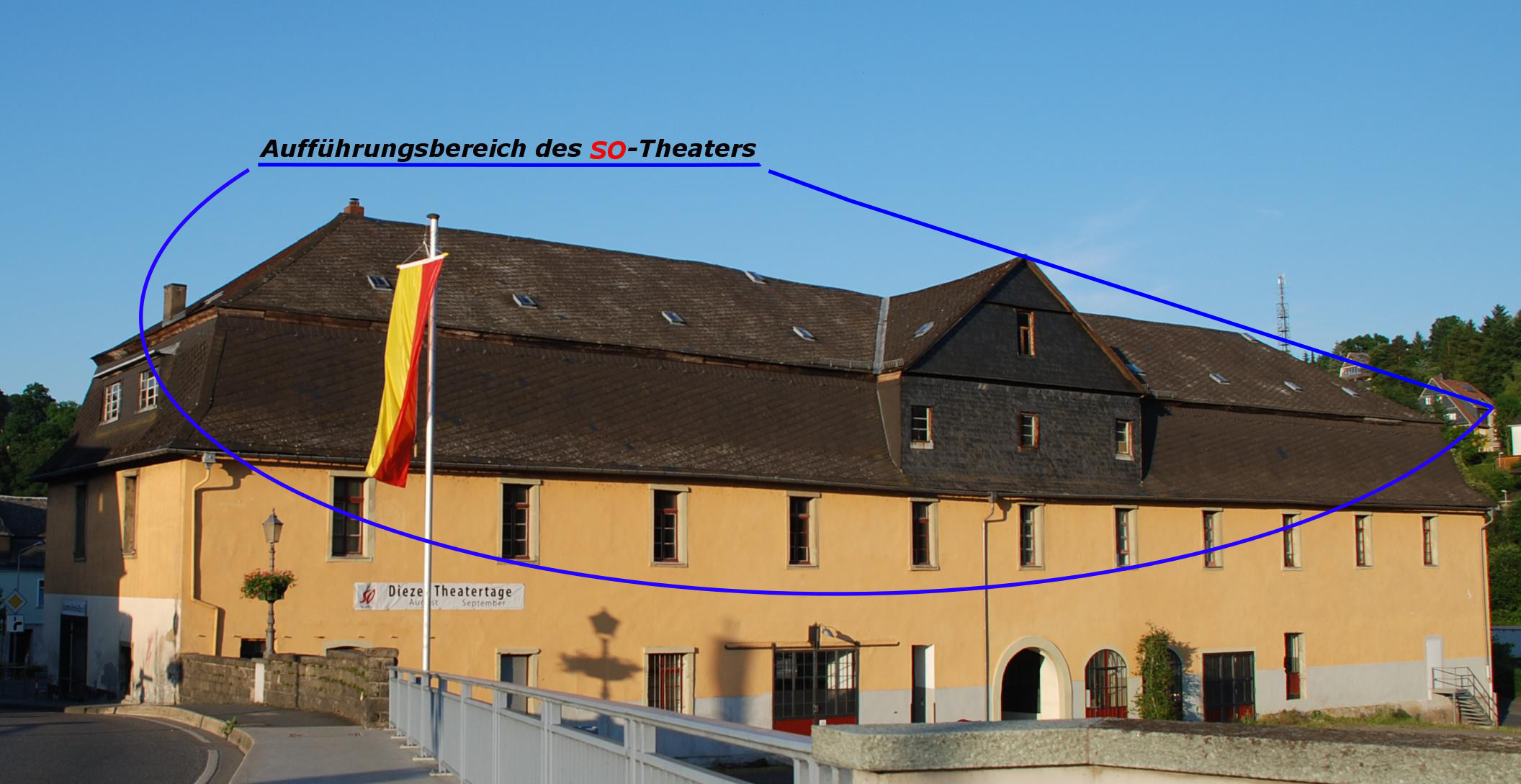 Vom SO-Theater genutzter Bereich des Fruchtspeichers; linke Gebäudehälfte: Aufführungsraum, rechte Gebäudehälfte: Scheinbar